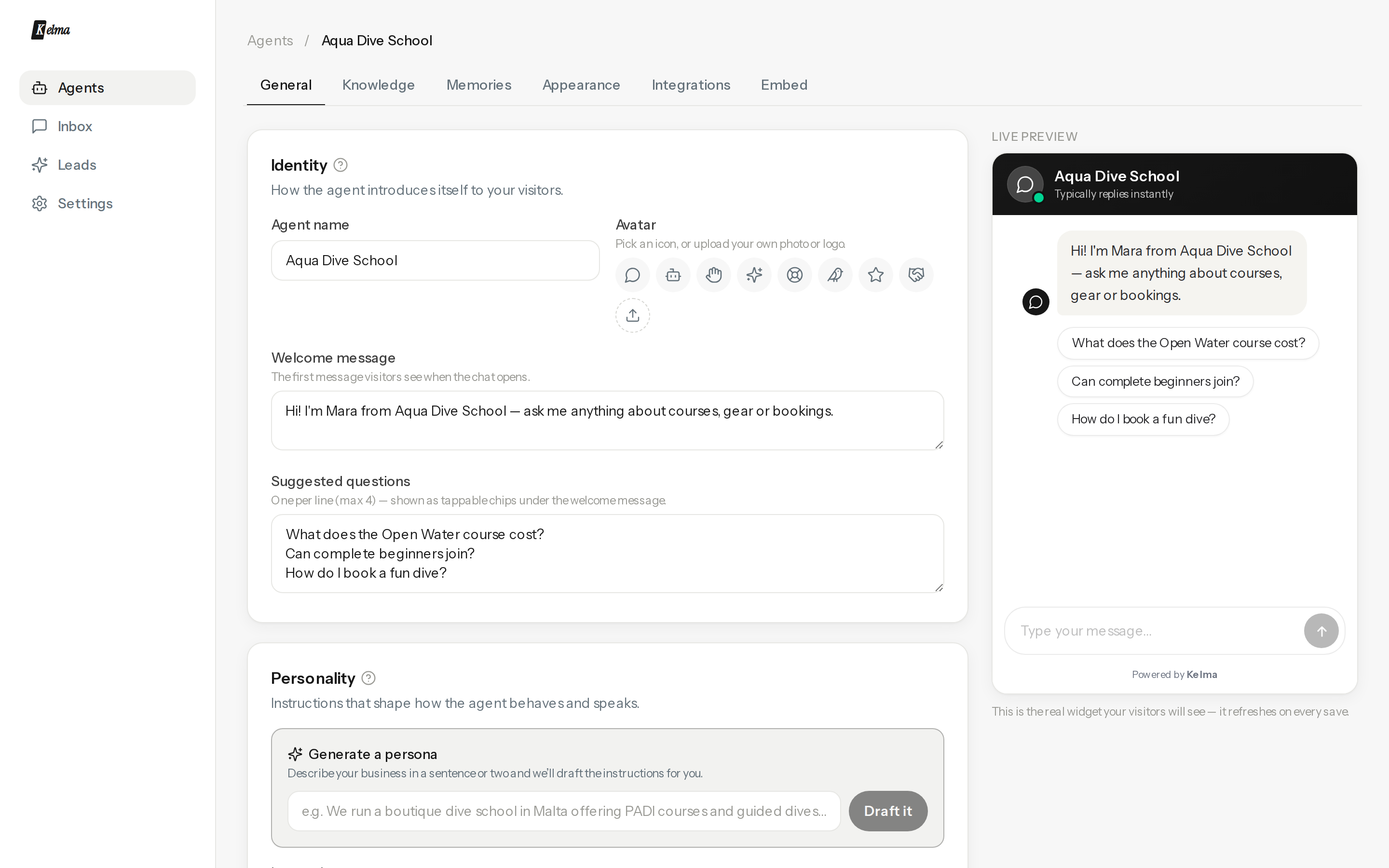 The General tab: identity, persona and behaviour settings