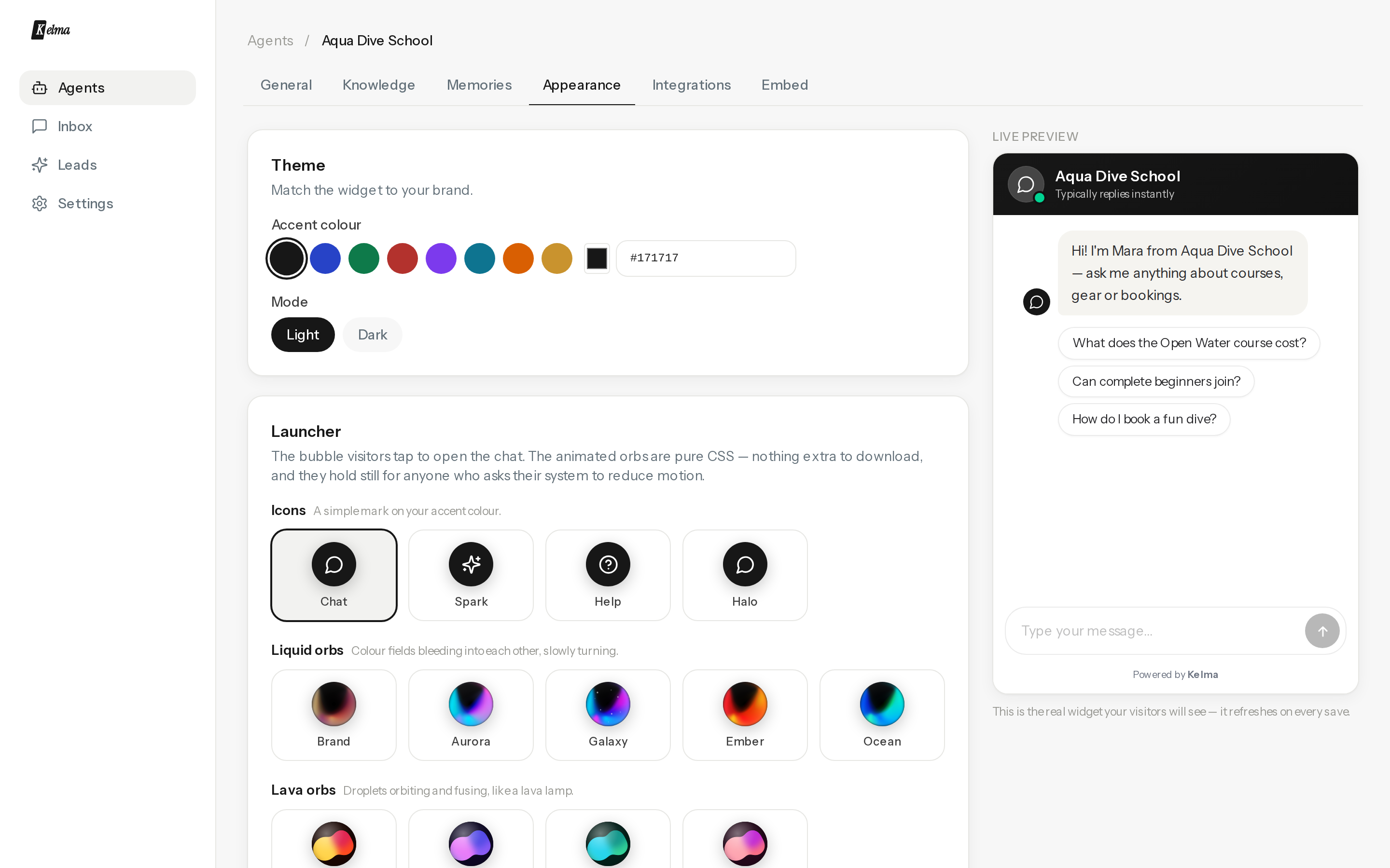 The Appearance tab with the live preview