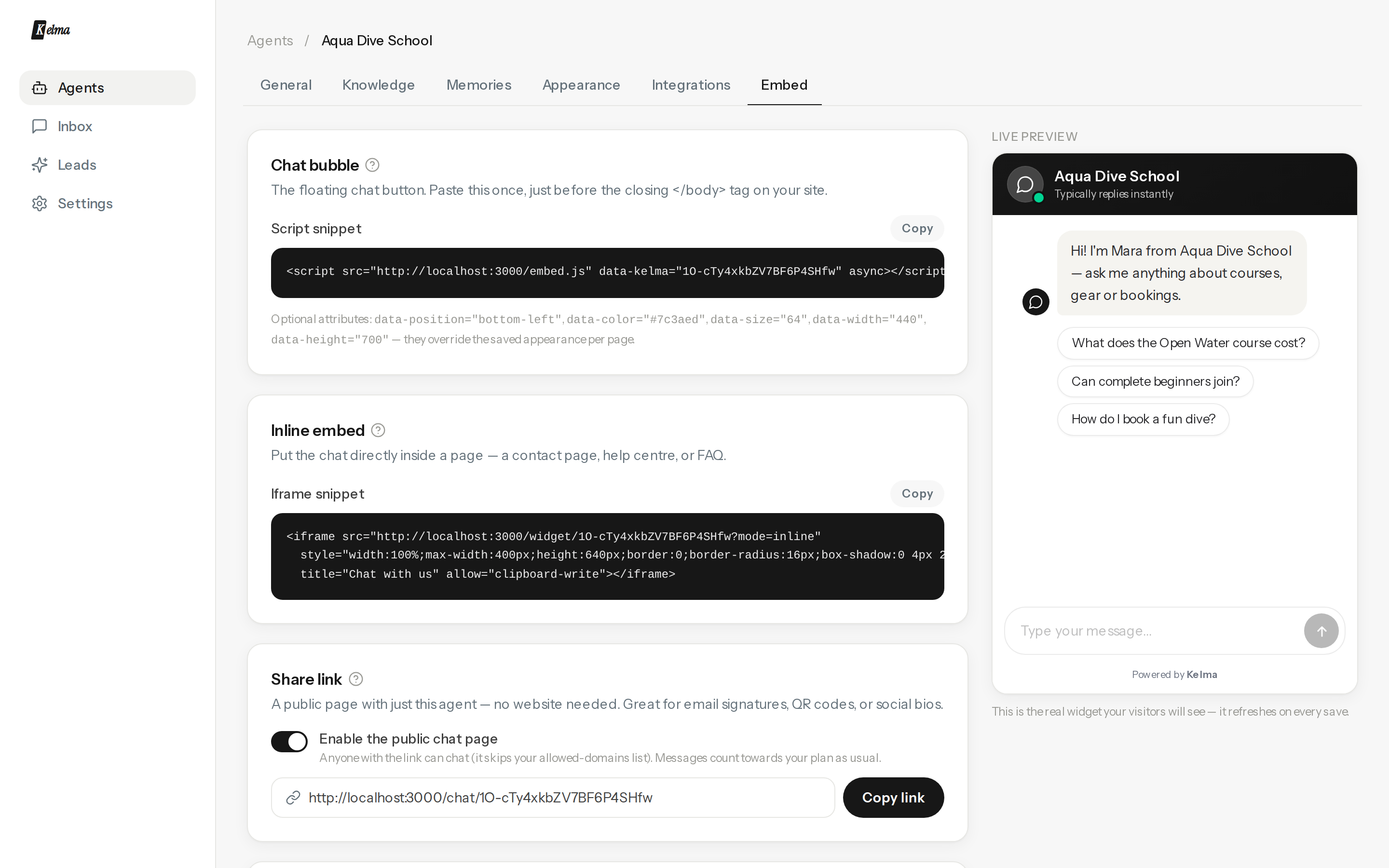 The Embed tab: snippets, share link and allowed domains